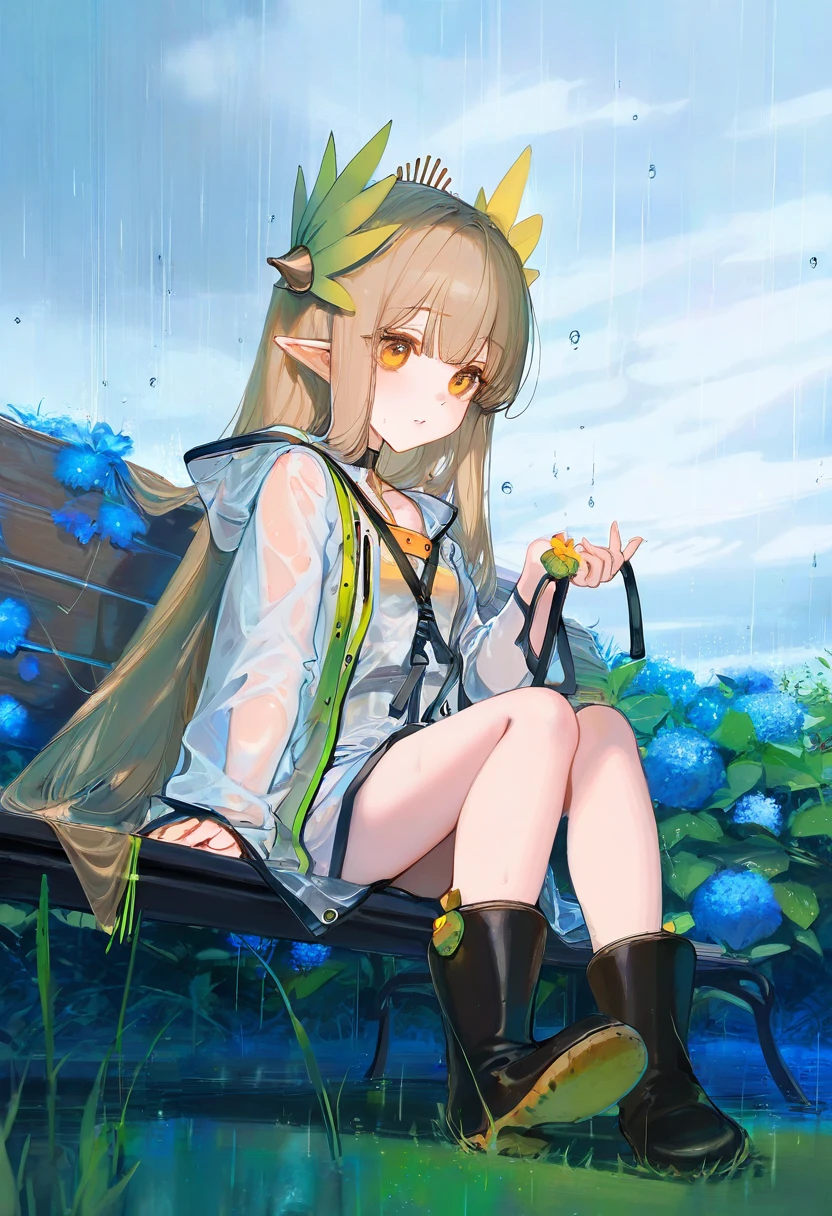 ((ciloranko,akizero1510)),[ask\(askzy\)],kedama milk,parsley-f,[maccha \(mochancc\)],[tianliang duohe fangdongye],[bee \(deadflow\)],(chen bin),[wlop],((henreader)), - 1girl,muelsyse \(arknights\),arknights,cloudy sky,grass,on bench,outdoors,rain,road,yellow rubber boots,see-through coat,sitting,transparent raincoat,water drop,