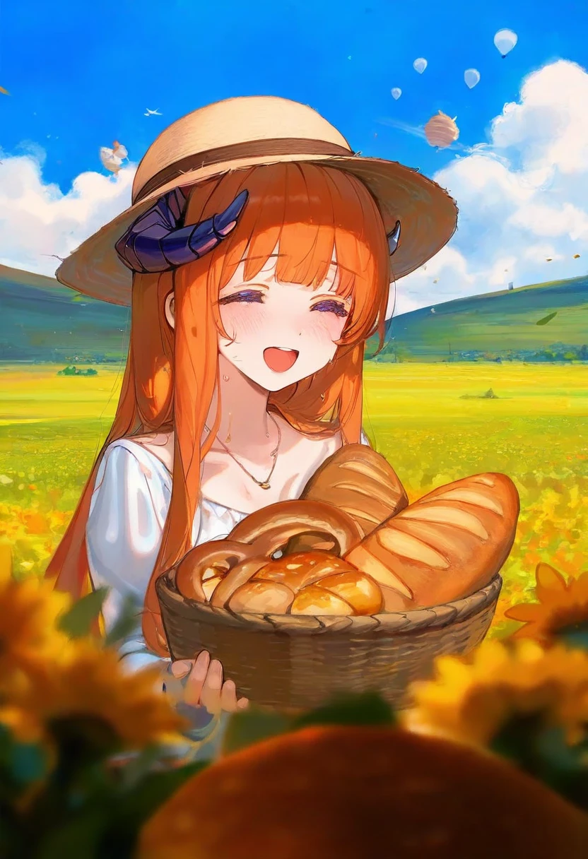 ((ciloranko,akizero1510)),[ask\(askzy\)],kedama milk,parsley-f,[maccha \(mochancc\)],[tianliang duohe fangdongye],[bee \(deadflow\)],(chen bin),[wlop],((henreader)), - 1girl,bagpipe \(arknights\),arknights,baguette,blush,bread,croissant,holding basket,pretzel,upper body,straw hat,field,sky,laughing,sweat,sunlight,