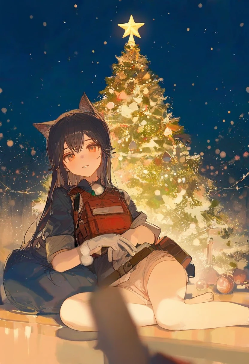 (rella),(ask\(askzy\)),(ningen mame),(ciloranko),(rei\(sanbonzakura\)), - 1girl,texas \(arknights\),arknights,underwear,tactical vest,christmas tree,christmas ornaments,