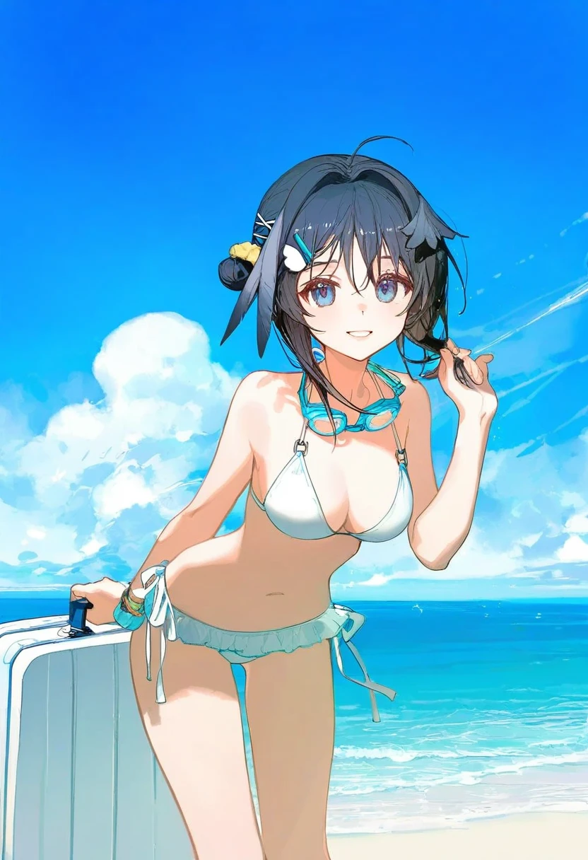 (rella),(ask\(askzy\)),(ningen mame),(ciloranko),(rei\(sanbonzakura\)), - 1girl,la pluma \(summer flowers\) \(arknights\),arknights,white bikini,outdoors,navel,day,sky,blue sky,beach,suitcase,looking at viewer,ocean,low-tied long hair,leaning forward,standing,holding,frills,hand up,bare shoulders,floating hair,