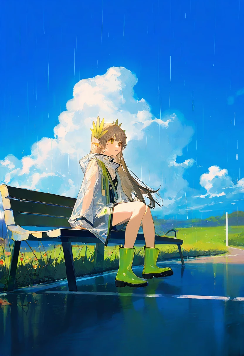 (rella),(ask\(askzy\)),(ningen mame),(ciloranko),(rei\(sanbonzakura\)), - 1girl,muelsyse \(arknights\),arknights,cloudy sky,grass,on bench,outdoors,rain,road,yellow rubber boots,see-through coat,sitting,transparent raincoat,water drop,