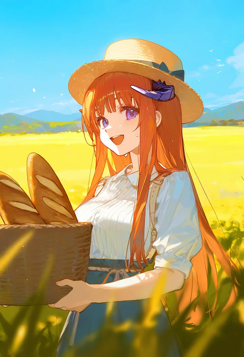 (rella),(ask\(askzy\)),(ningen mame),(ciloranko),(rei\(sanbonzakura\)), - 1girl,bagpipe \(arknights\),arknights,baguette,blush,bread,croissant,holding basket,pretzel,upper body,straw hat,field,sky,laughing,sweat,sunlight,