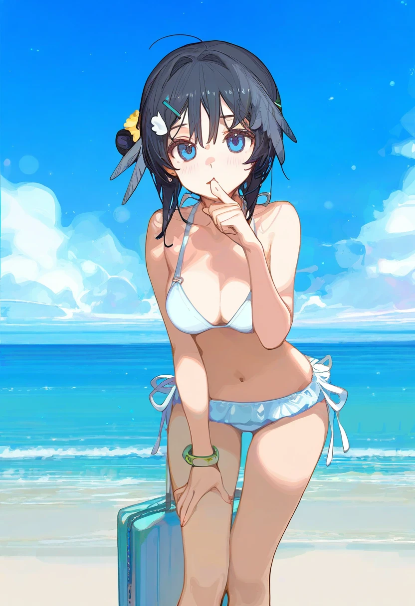 (((ask\(askzy\),sy4,ciloranko,akizero1510))), - 1girl,la pluma \(summer flowers\) \(arknights\),arknights,white bikini,outdoors,navel,day,sky,blue sky,beach,suitcase,looking at viewer,ocean,low-tied long hair,leaning forward,standing,holding,frills,hand up,bare shoulders,floating hair,
