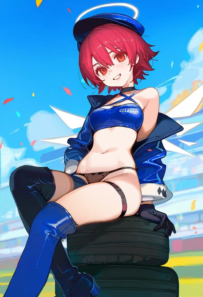 (((ask\(askzy\),sy4,ciloranko,akizero1510))), - 1girl,exusiai \(arknights\),arknights,black gloves,black panties,blue thigh boots,blue hat,blue jacket,long sleeves,race queen,thigh strap,thong,single bare shoulder,skindentation,tire,