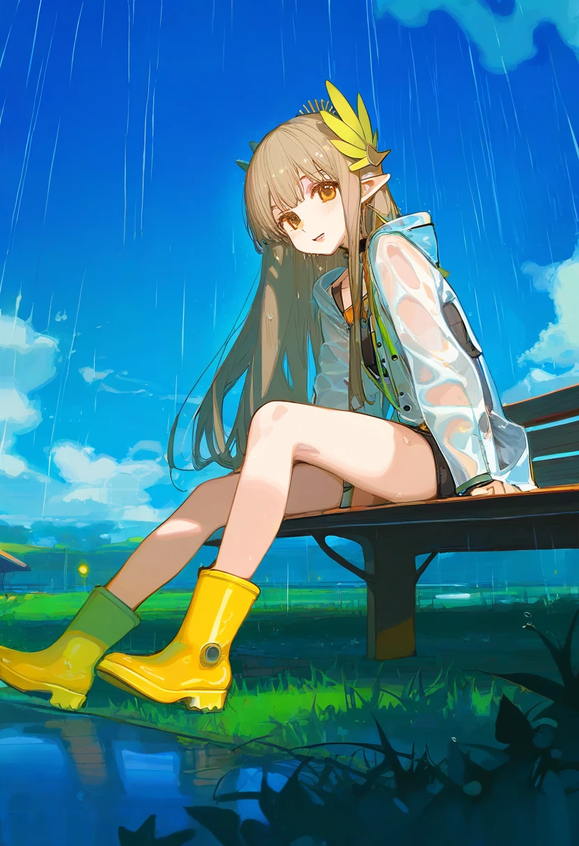 (((ask\(askzy\),sy4,ciloranko,akizero1510))), - 1girl,muelsyse \(arknights\),arknights,cloudy sky,grass,on bench,outdoors,rain,road,yellow rubber boots,see-through coat,sitting,transparent raincoat,water drop,