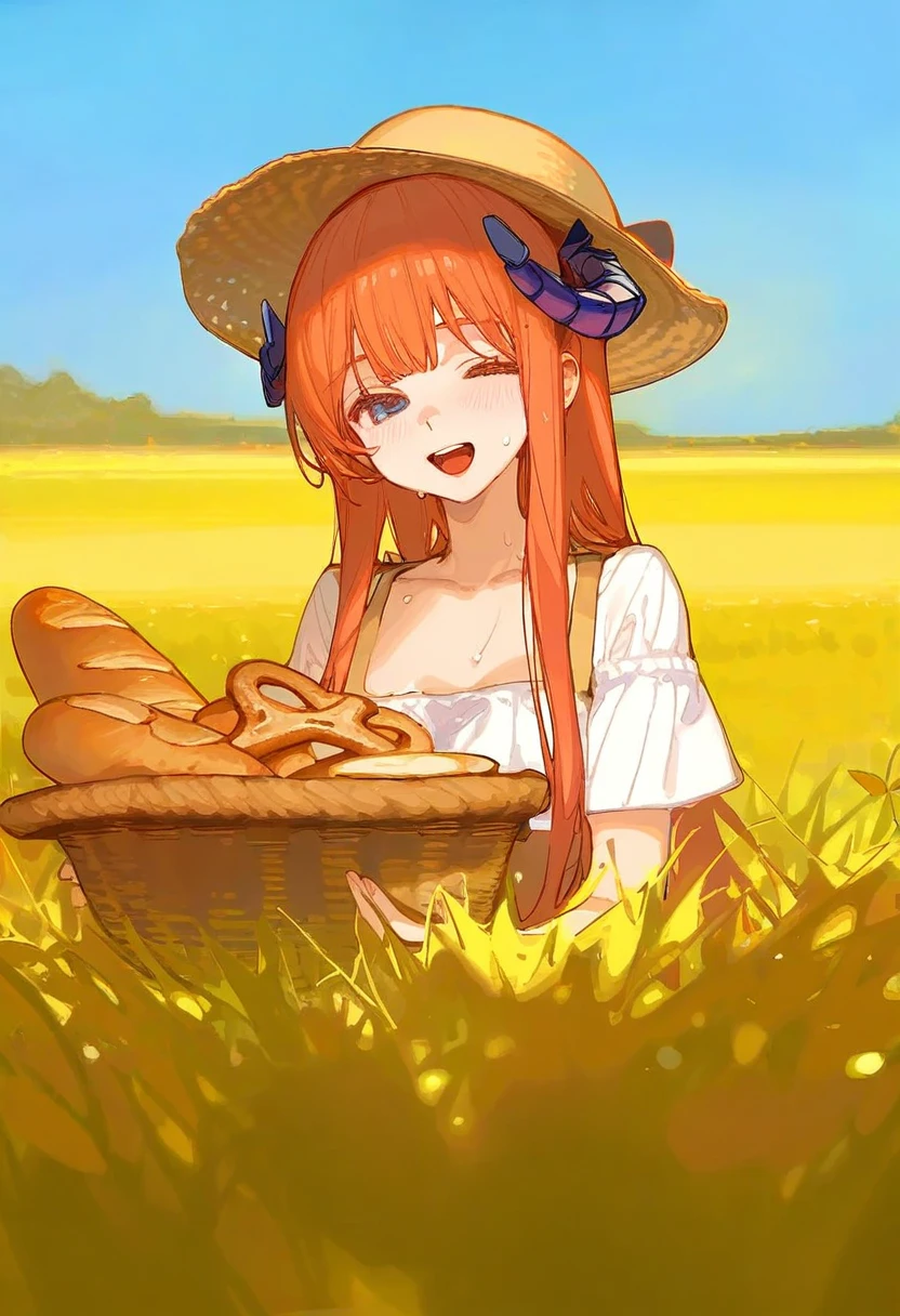 (((ask\(askzy\),sy4,ciloranko,akizero1510))), - 1girl,bagpipe \(arknights\),arknights,baguette,blush,bread,croissant,holding basket,pretzel,upper body,straw hat,field,sky,laughing,sweat,sunlight,