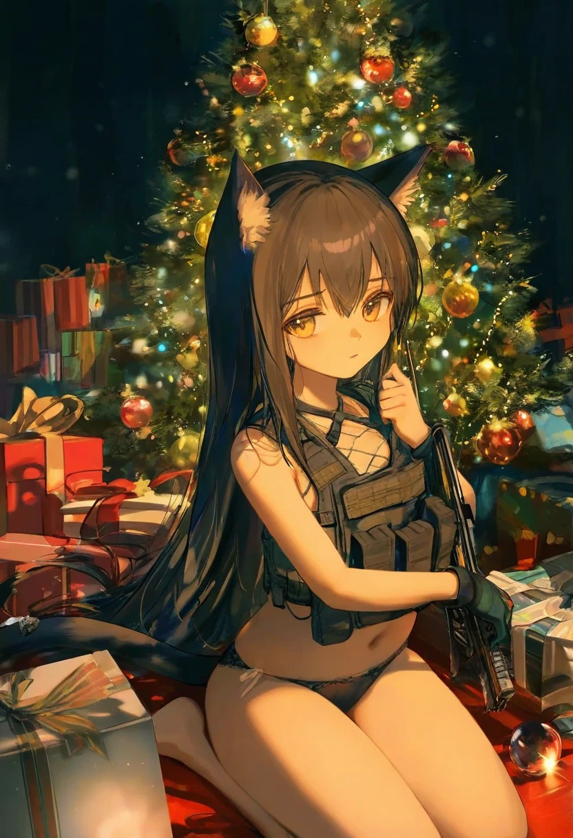 ((chen bin),haneru),observerz,[wlop,nekojira],ciloranko,[sho \(sho lwlw\)],[[noyu \(noyu23386566\)], - 1girl,texas \(arknights\),arknights,underwear,tactical vest,christmas tree,christmas ornaments,