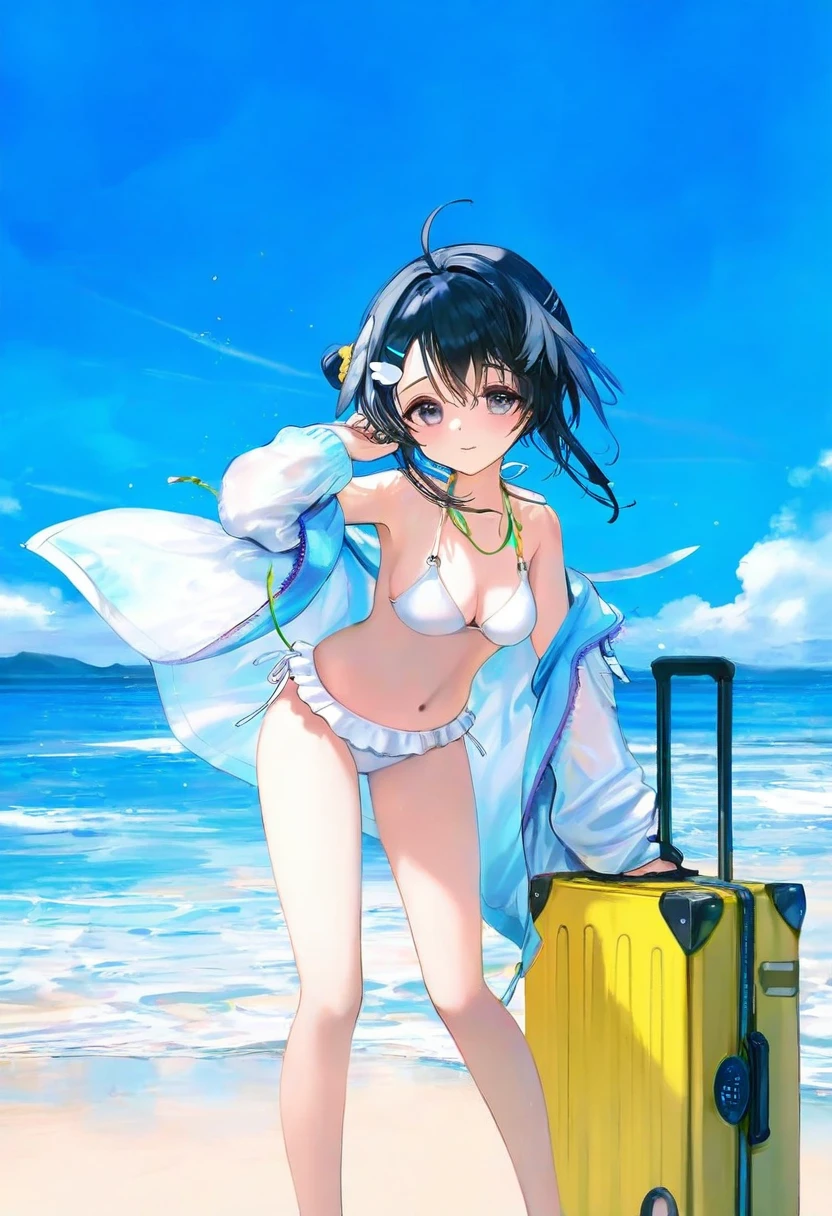((chen bin),haneru),observerz,[wlop,nekojira],ciloranko,[sho \(sho lwlw\)],[[noyu \(noyu23386566\)], - 1girl,la pluma \(summer flowers\) \(arknights\),arknights,white bikini,outdoors,navel,day,sky,blue sky,beach,suitcase,looking at viewer,ocean,low-tied long hair,leaning forward,standing,holding,frills,hand up,bare shoulders,floating hair,