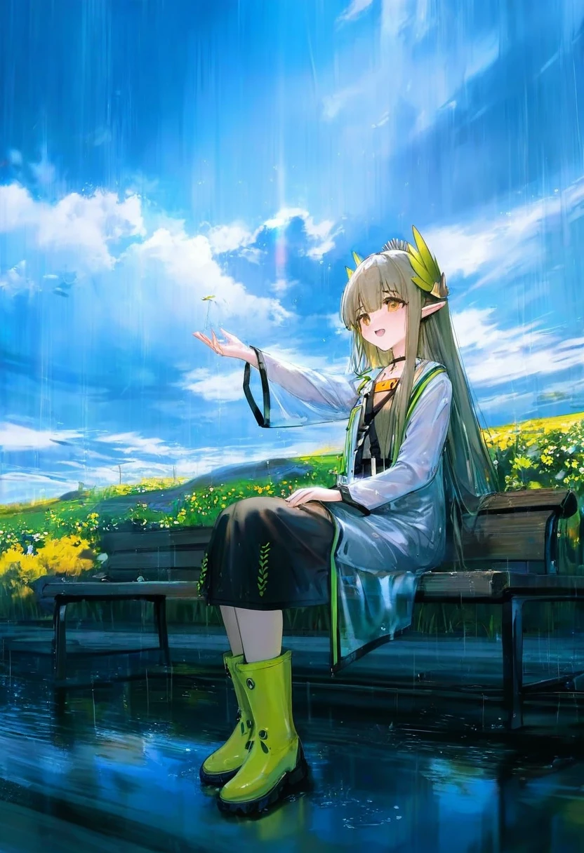 ((chen bin),haneru),observerz,[wlop,nekojira],ciloranko,[sho \(sho lwlw\)],[[noyu \(noyu23386566\)], - 1girl,muelsyse \(arknights\),arknights,cloudy sky,grass,on bench,outdoors,rain,road,yellow rubber boots,see-through coat,sitting,transparent raincoat,water drop,