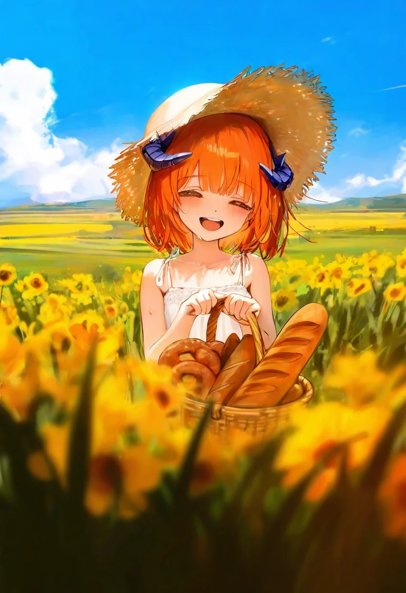 ((chen bin),haneru),observerz,[wlop,nekojira],ciloranko,[sho \(sho lwlw\)],[[noyu \(noyu23386566\)], - 1girl,bagpipe \(arknights\),arknights,baguette,blush,bread,croissant,holding basket,pretzel,upper body,straw hat,field,sky,laughing,sweat,sunlight,