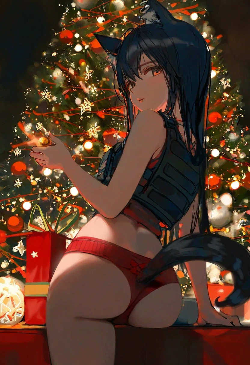 [ningen mame],ciloranko,wlop, - 1girl,texas \(arknights\),arknights,underwear,tactical vest,christmas tree,christmas ornaments,