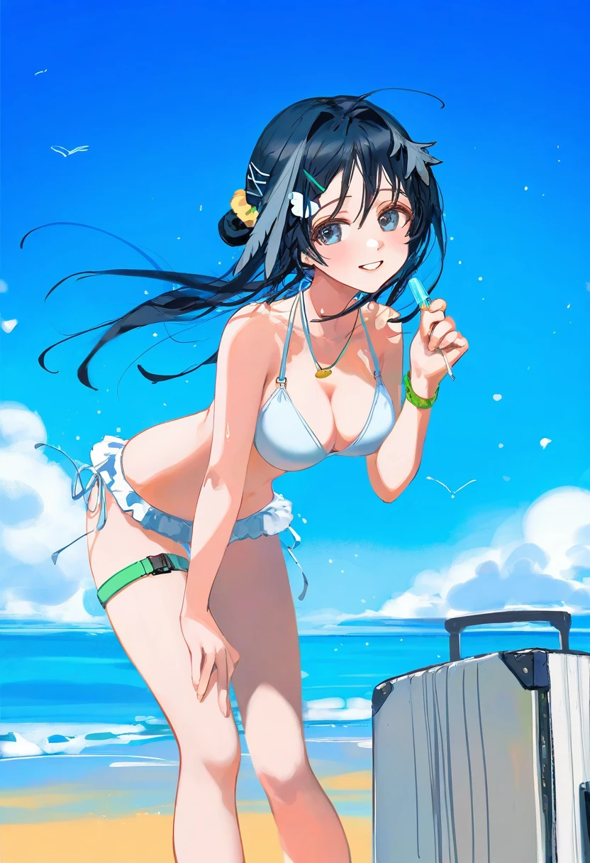 [ningen mame],ciloranko,wlop, - 1girl,la pluma \(summer flowers\) \(arknights\),arknights,white bikini,outdoors,navel,day,sky,blue sky,beach,suitcase,looking at viewer,ocean,low-tied long hair,leaning forward,standing,holding,frills,hand up,bare shoulders,floating hair,