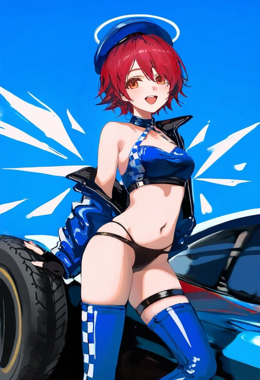 [ningen mame],ciloranko,wlop, - 1girl,exusiai \(arknights\),arknights,black gloves,black panties,blue thigh boots,blue hat,blue jacket,long sleeves,race queen,thigh strap,thong,single bare shoulder,skindentation,tire,