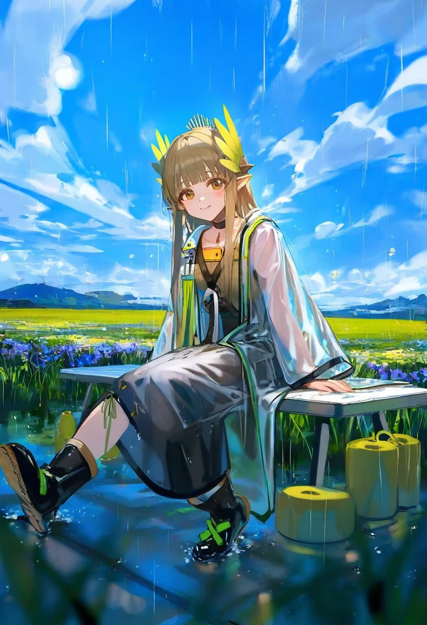 [ningen mame],ciloranko,wlop, - 1girl,muelsyse \(arknights\),arknights,cloudy sky,grass,on bench,outdoors,rain,road,yellow rubber boots,see-through coat,sitting,transparent raincoat,water drop,