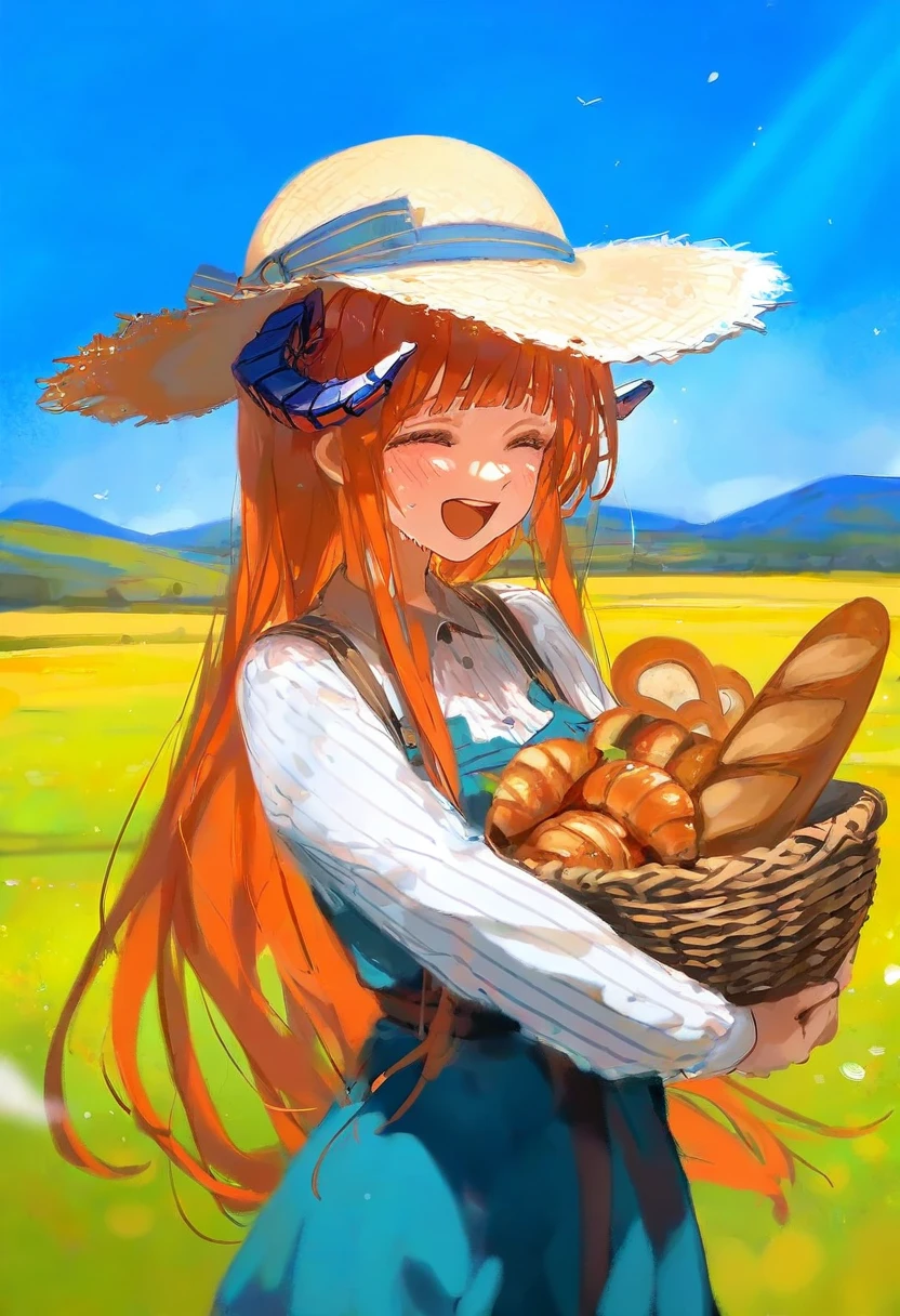 [ningen mame],ciloranko,wlop, - 1girl,bagpipe \(arknights\),arknights,baguette,blush,bread,croissant,holding basket,pretzel,upper body,straw hat,field,sky,laughing,sweat,sunlight,