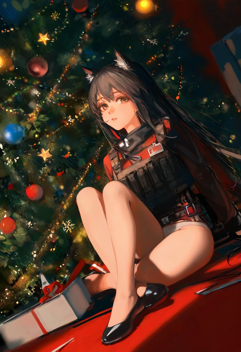[wlop],ciloranko, - 1girl,texas \(arknights\),arknights,underwear,tactical vest,christmas tree,christmas ornaments,