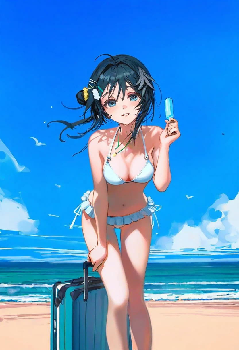 [wlop],ciloranko, - 1girl,la pluma \(summer flowers\) \(arknights\),arknights,white bikini,outdoors,navel,day,sky,blue sky,beach,suitcase,looking at viewer,ocean,low-tied long hair,leaning forward,standing,holding,frills,hand up,bare shoulders,floating hair,
