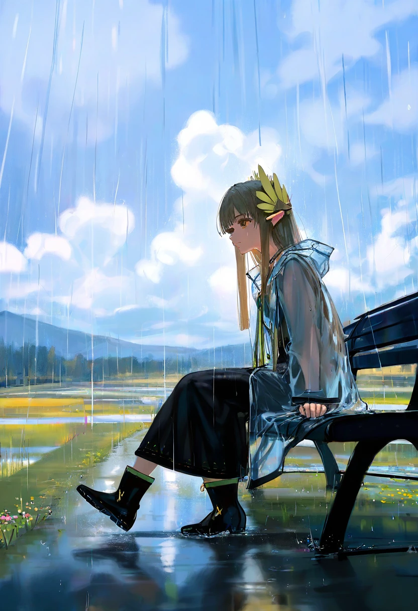 [wlop],ciloranko, - 1girl,muelsyse \(arknights\),arknights,cloudy sky,grass,on bench,outdoors,rain,road,yellow rubber boots,see-through coat,sitting,transparent raincoat,water drop,