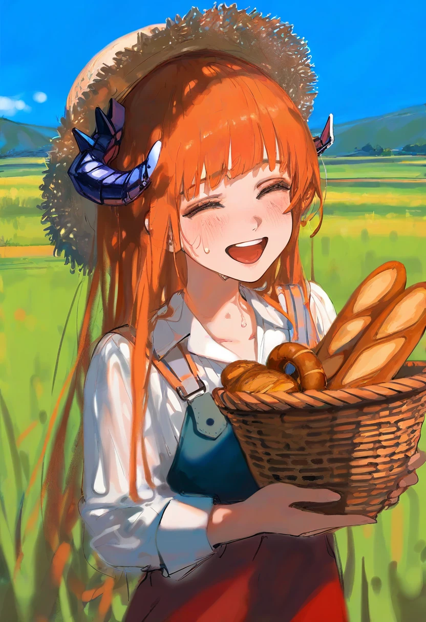 [wlop],ciloranko, - 1girl,bagpipe \(arknights\),arknights,baguette,blush,bread,croissant,holding basket,pretzel,upper body,straw hat,field,sky,laughing,sweat,sunlight,