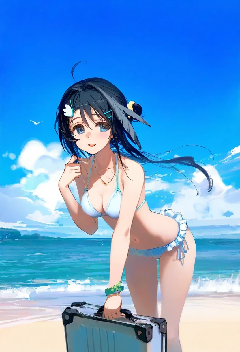 (amazuyu tatsuki,shiro9jira),ciloranko,ask (askzy),(wlop),[[tianliang duohe fangdongye]], - 1girl,la pluma \(summer flowers\) \(arknights\),arknights,white bikini,outdoors,navel,day,sky,blue sky,beach,suitcase,looking at viewer,ocean,low-tied long hair,leaning forward,standing,holding,frills,hand up,bare shoulders,floating hair,