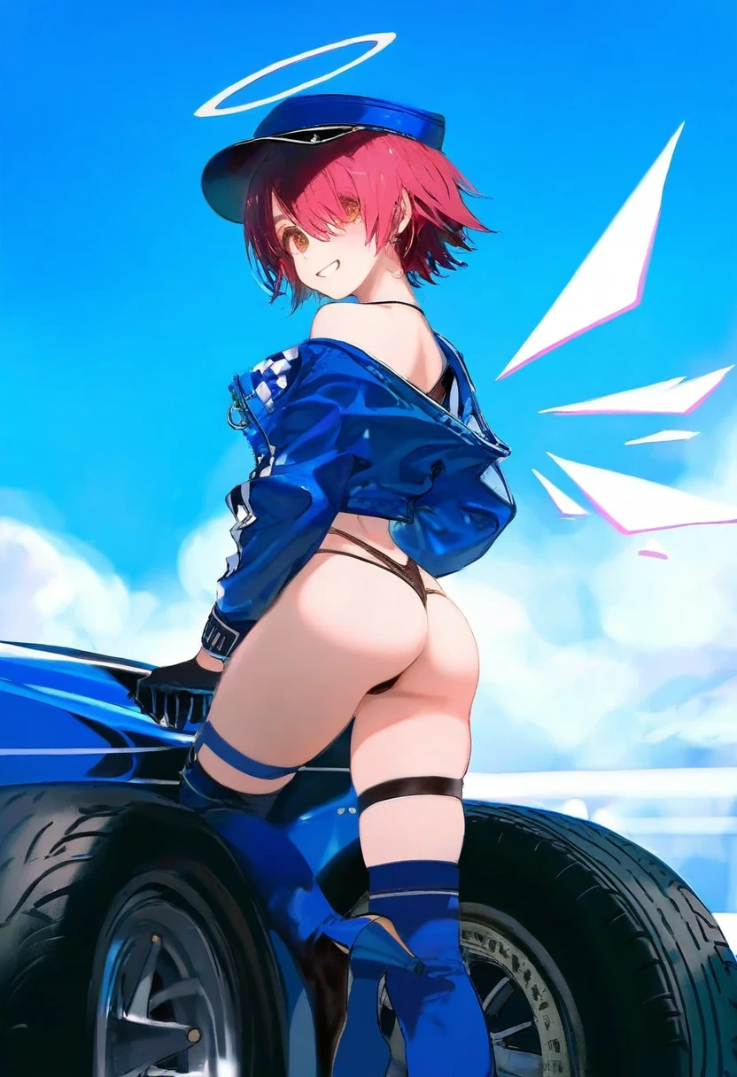 (amazuyu tatsuki,shiro9jira),ciloranko,ask (askzy),(wlop),[[tianliang duohe fangdongye]], - 1girl,exusiai \(arknights\),arknights,black gloves,black panties,blue thigh boots,blue hat,blue jacket,long sleeves,race queen,thigh strap,thong,single bare shoulder,skindentation,tire,