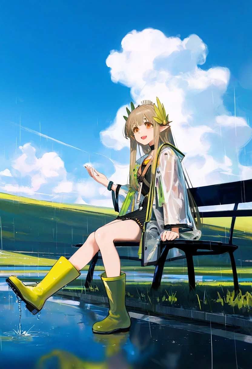 (amazuyu tatsuki,shiro9jira),ciloranko,ask (askzy),(wlop),[[tianliang duohe fangdongye]], - 1girl,muelsyse \(arknights\),arknights,cloudy sky,grass,on bench,outdoors,rain,road,yellow rubber boots,see-through coat,sitting,transparent raincoat,water drop,