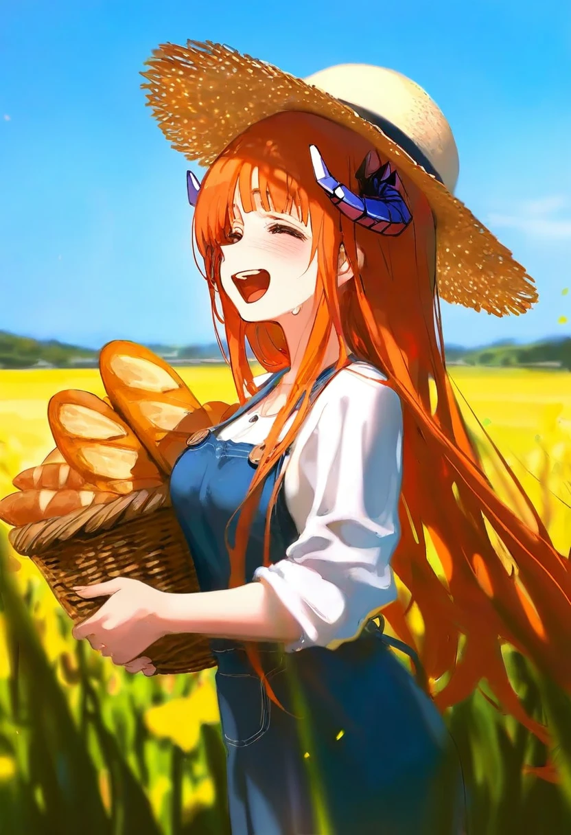(amazuyu tatsuki,shiro9jira),ciloranko,ask (askzy),(wlop),[[tianliang duohe fangdongye]], - 1girl,bagpipe \(arknights\),arknights,baguette,blush,bread,croissant,holding basket,pretzel,upper body,straw hat,field,sky,laughing,sweat,sunlight,