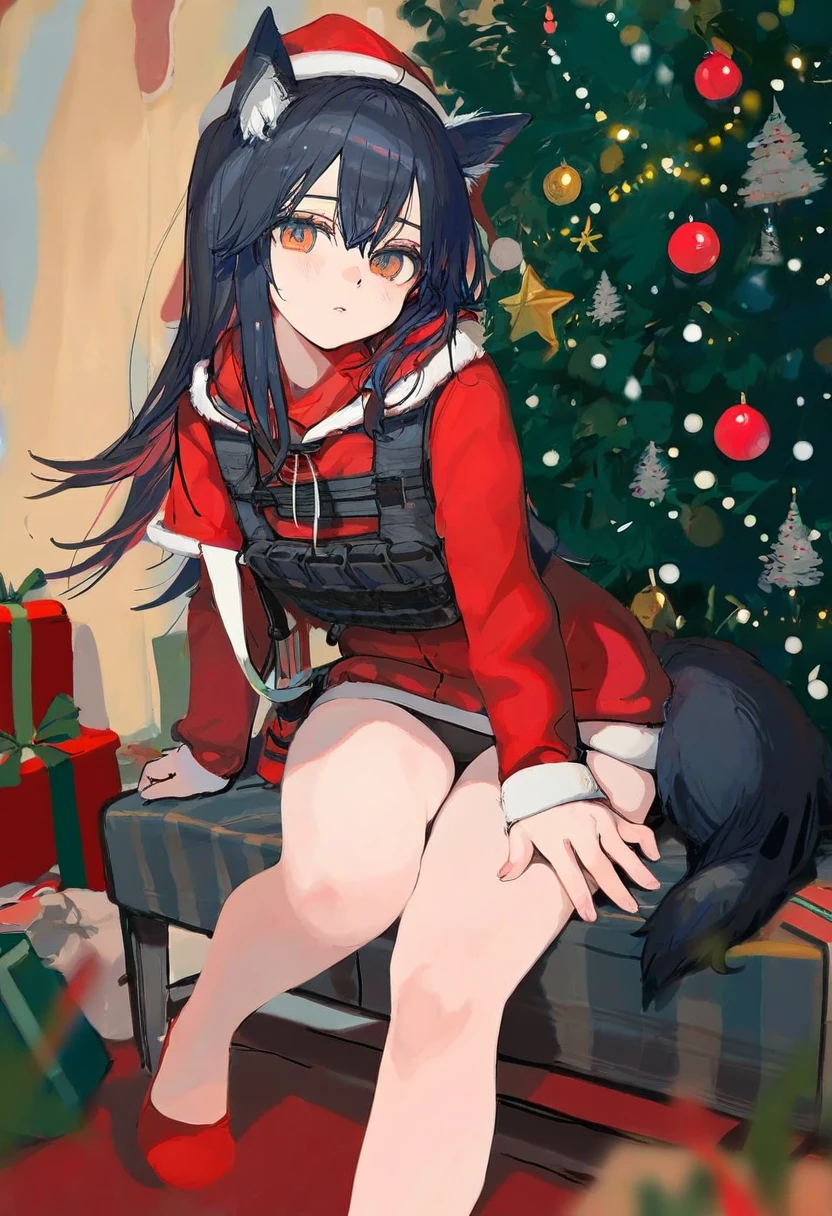 (akakura),kedama milk,ciloranko,[wlop],[[[onono imoko]]], - 1girl,texas \(arknights\),arknights,underwear,tactical vest,christmas tree,christmas ornaments,