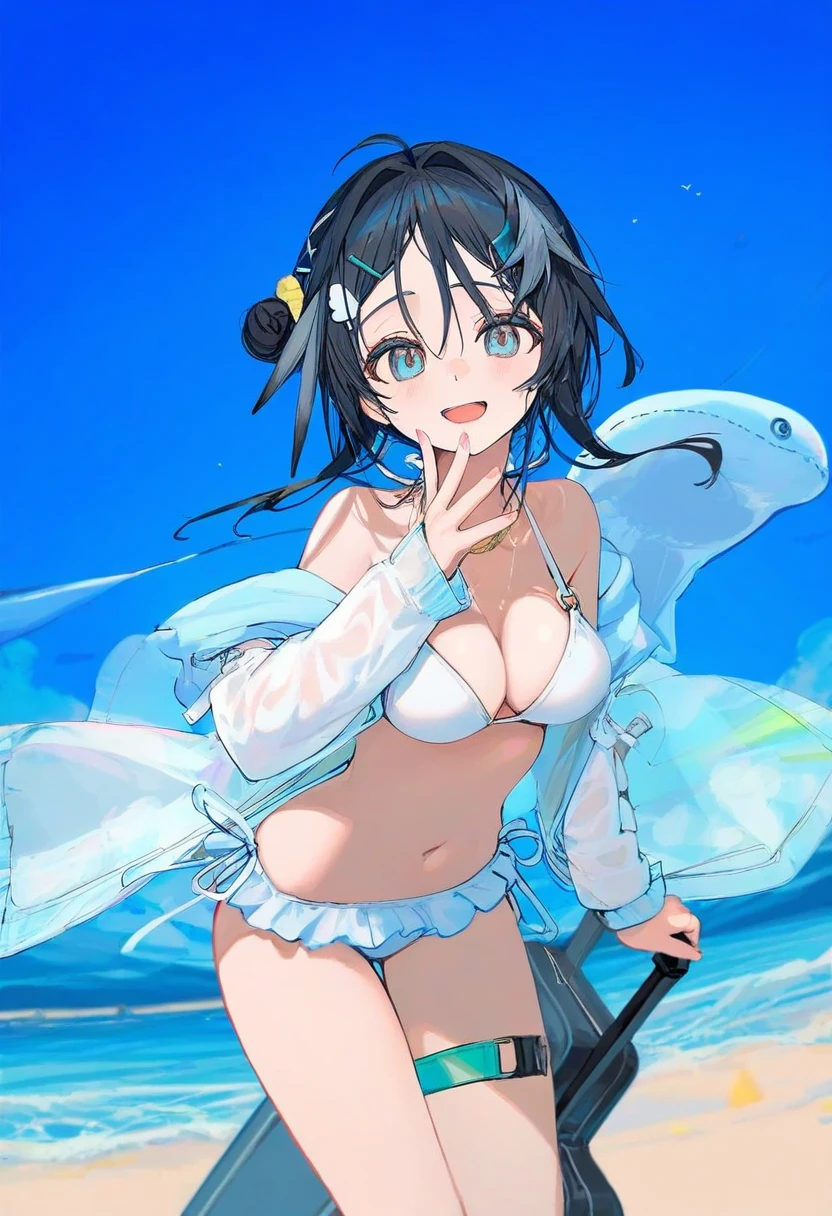 (akakura),kedama milk,ciloranko,[wlop],[[[onono imoko]]], - 1girl,la pluma \(summer flowers\) \(arknights\),arknights,white bikini,outdoors,navel,day,sky,blue sky,beach,suitcase,looking at viewer,ocean,low-tied long hair,leaning forward,standing,holding,frills,hand up,bare shoulders,floating hair,
