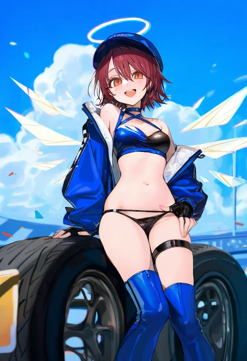 (akakura),kedama milk,ciloranko,[wlop],[[[onono imoko]]], - 1girl,exusiai \(arknights\),arknights,black gloves,black panties,blue thigh boots,blue hat,blue jacket,long sleeves,race queen,thigh strap,thong,single bare shoulder,skindentation,tire,
