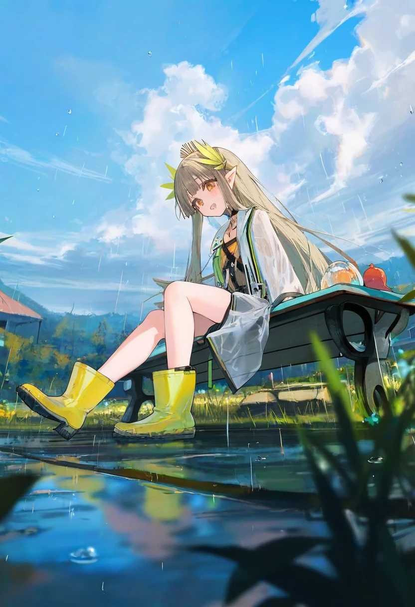 (akakura),kedama milk,ciloranko,[wlop],[[[onono imoko]]], - 1girl,muelsyse \(arknights\),arknights,cloudy sky,grass,on bench,outdoors,rain,road,yellow rubber boots,see-through coat,sitting,transparent raincoat,water drop,