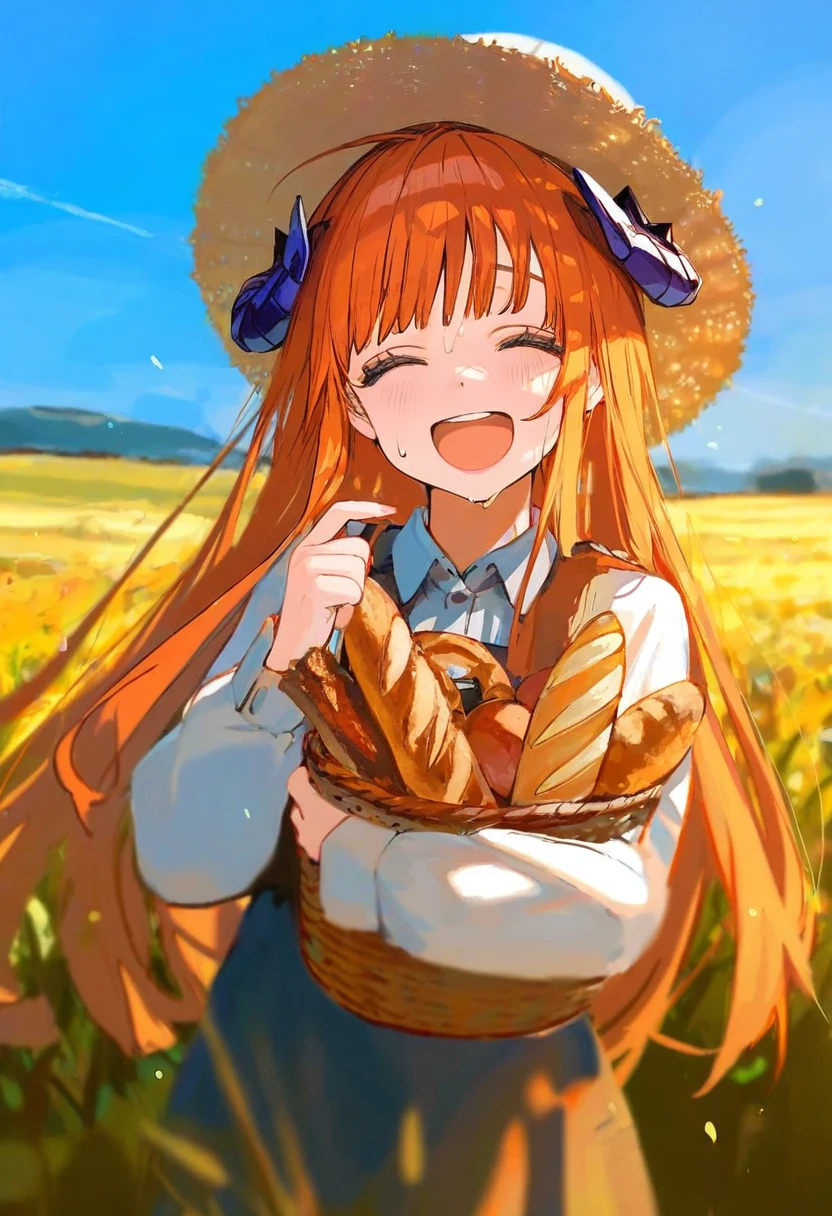 (akakura),kedama milk,ciloranko,[wlop],[[[onono imoko]]], - 1girl,bagpipe \(arknights\),arknights,baguette,blush,bread,croissant,holding basket,pretzel,upper body,straw hat,field,sky,laughing,sweat,sunlight,