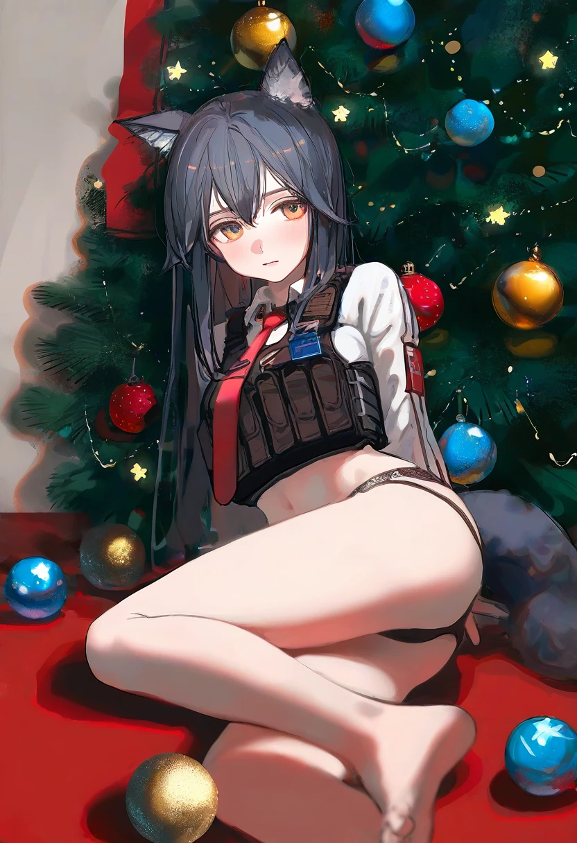 ningen mame,rhasta,ask \(askzy\),[wlop],ciloranko, - 1girl,texas \(arknights\),arknights,underwear,tactical vest,christmas tree,christmas ornaments,