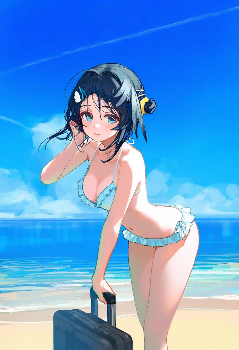 ningen mame,rhasta,ask \(askzy\),[wlop],ciloranko, - 1girl,la pluma \(summer flowers\) \(arknights\),arknights,white bikini,outdoors,navel,day,sky,blue sky,beach,suitcase,looking at viewer,ocean,low-tied long hair,leaning forward,standing,holding,frills,hand up,bare shoulders,floating hair,