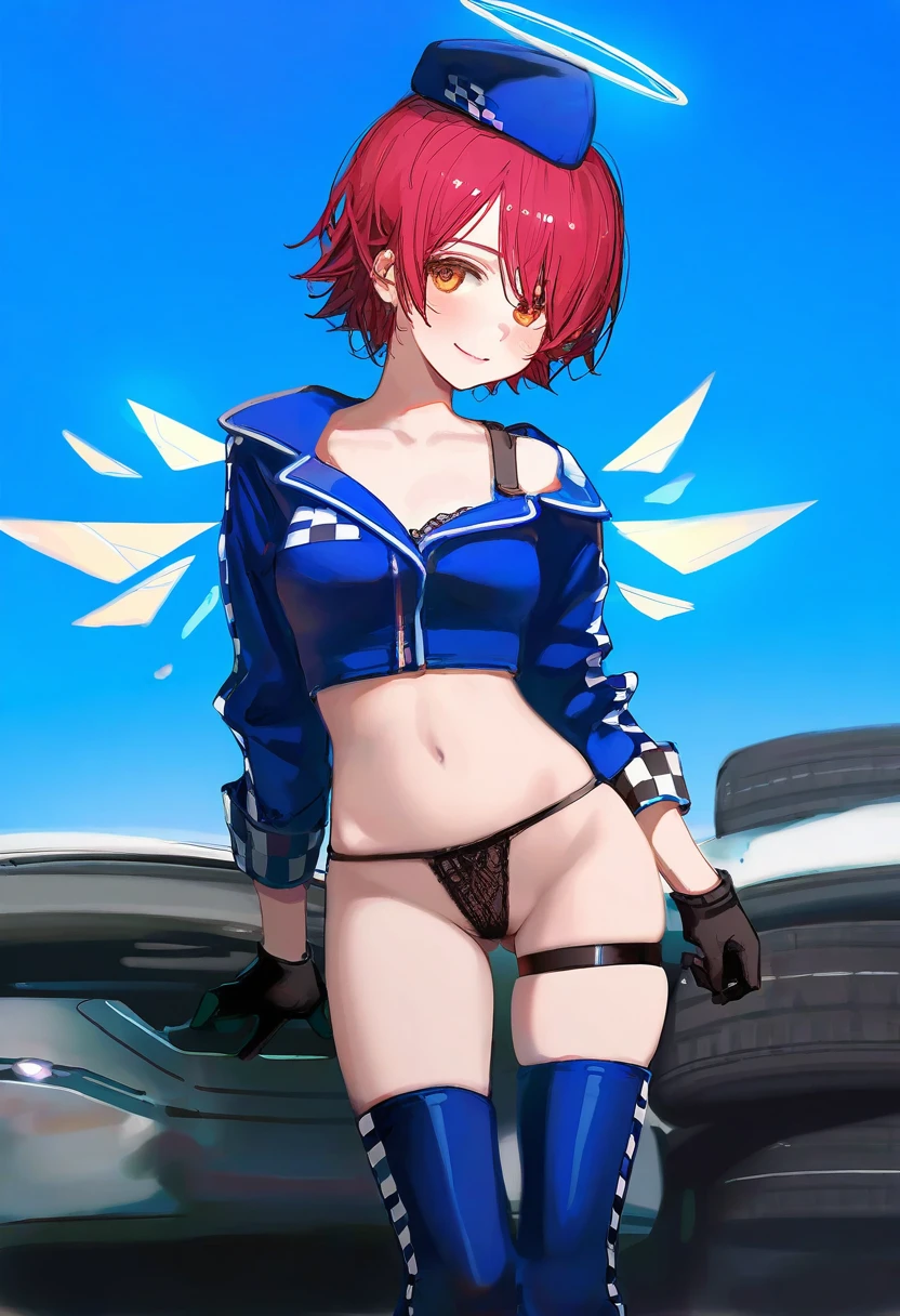 ningen mame,rhasta,ask \(askzy\),[wlop],ciloranko, - 1girl,exusiai \(arknights\),arknights,black gloves,black panties,blue thigh boots,blue hat,blue jacket,long sleeves,race queen,thigh strap,thong,single bare shoulder,skindentation,tire,