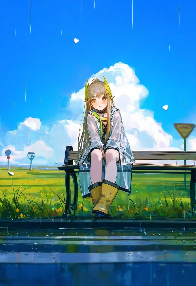ningen mame,rhasta,ask \(askzy\),[wlop],ciloranko, - 1girl,muelsyse \(arknights\),arknights,cloudy sky,grass,on bench,outdoors,rain,road,yellow rubber boots,see-through coat,sitting,transparent raincoat,water drop,