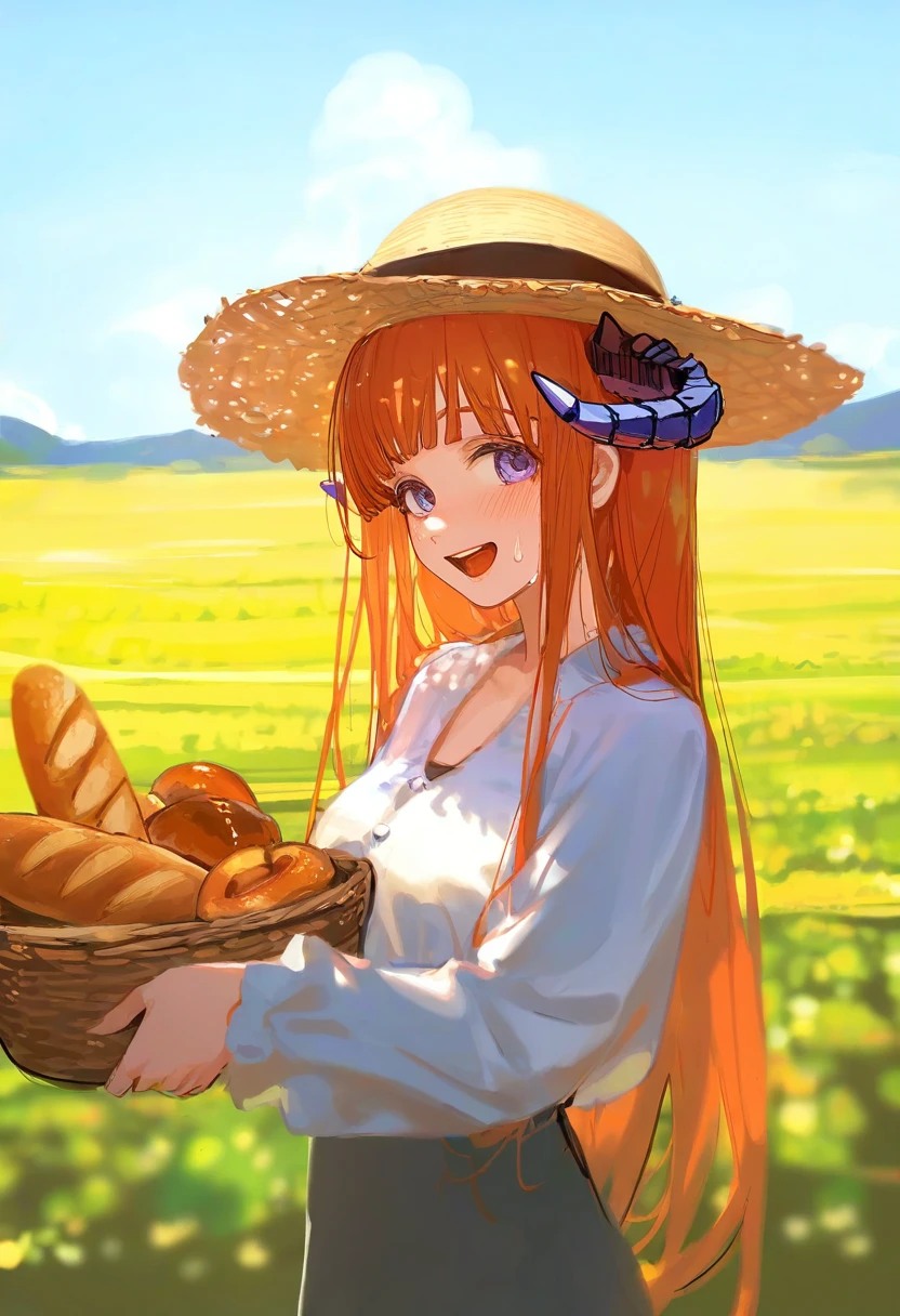 ningen mame,rhasta,ask \(askzy\),[wlop],ciloranko, - 1girl,bagpipe \(arknights\),arknights,baguette,blush,bread,croissant,holding basket,pretzel,upper body,straw hat,field,sky,laughing,sweat,sunlight,