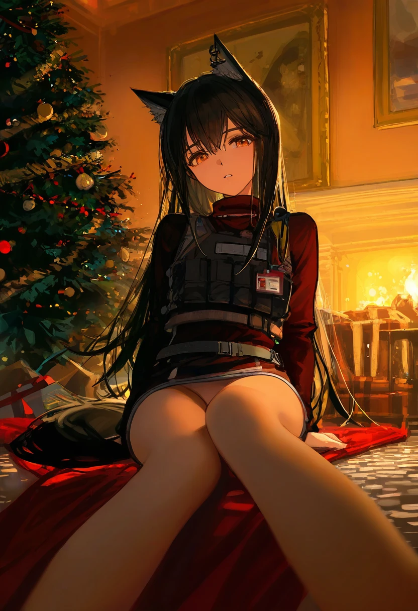 [wlop],ciloranko,ask\(askzy\),bison cangshu,(yunsang),[ningenmame],[sho\(sho lwlw\)],[rhasta], - 1girl,texas \(arknights\),arknights,underwear,tactical vest,christmas tree,christmas ornaments,