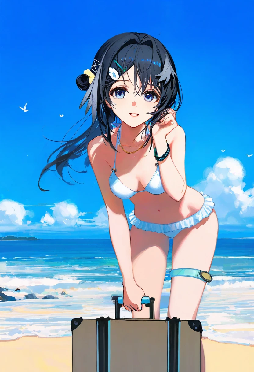 [wlop],ciloranko,ask\(askzy\),bison cangshu,(yunsang),[ningenmame],[sho\(sho lwlw\)],[rhasta], - 1girl,la pluma \(summer flowers\) \(arknights\),arknights,white bikini,outdoors,navel,day,sky,blue sky,beach,suitcase,looking at viewer,ocean,low-tied long hair,leaning forward,standing,holding,frills,hand up,bare shoulders,floating hair,