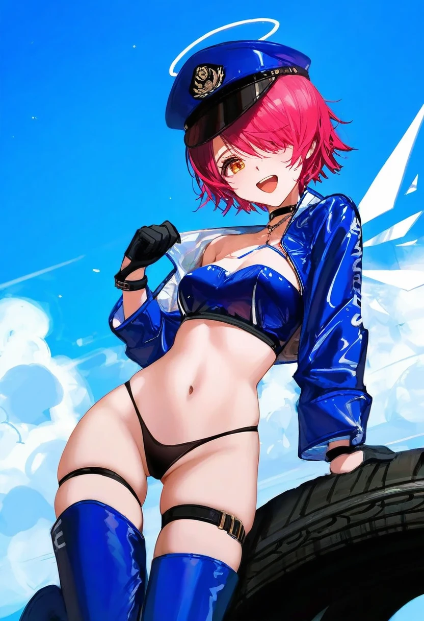 [wlop],ciloranko,ask\(askzy\),bison cangshu,(yunsang),[ningenmame],[sho\(sho lwlw\)],[rhasta], - 1girl,exusiai \(arknights\),arknights,black gloves,black panties,blue thigh boots,blue hat,blue jacket,long sleeves,race queen,thigh strap,thong,single bare shoulder,skindentation,tire,