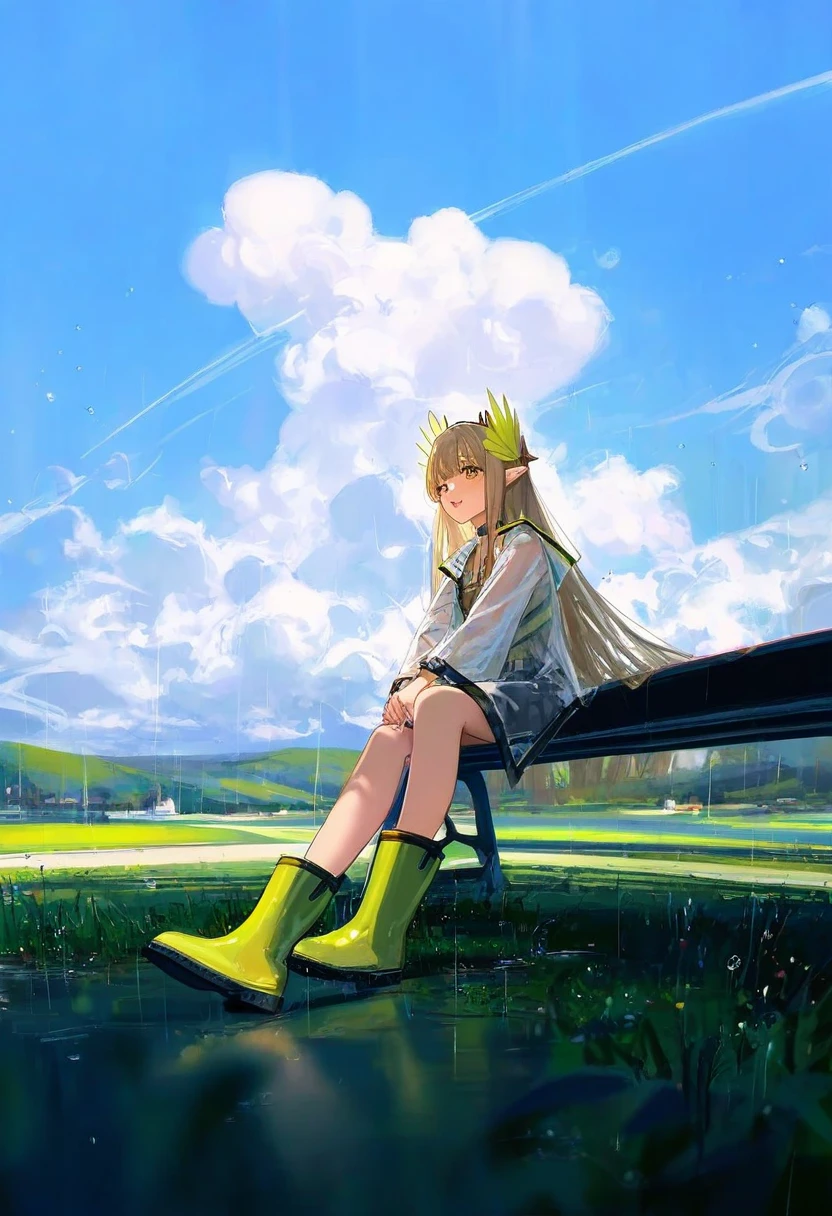 [wlop],ciloranko,ask\(askzy\),bison cangshu,(yunsang),[ningenmame],[sho\(sho lwlw\)],[rhasta], - 1girl,muelsyse \(arknights\),arknights,cloudy sky,grass,on bench,outdoors,rain,road,yellow rubber boots,see-through coat,sitting,transparent raincoat,water drop,