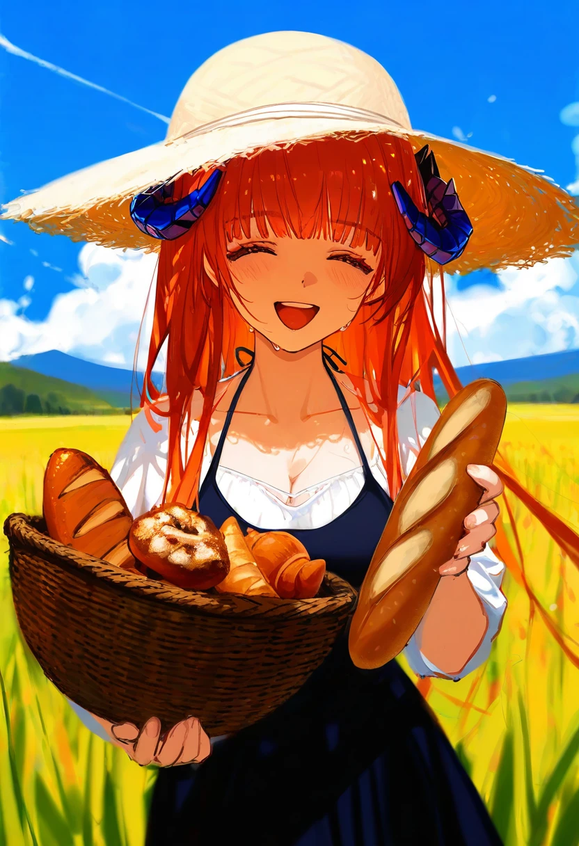 [wlop],ciloranko,ask\(askzy\),bison cangshu,(yunsang),[ningenmame],[sho\(sho lwlw\)],[rhasta], - 1girl,bagpipe \(arknights\),arknights,baguette,blush,bread,croissant,holding basket,pretzel,upper body,straw hat,field,sky,laughing,sweat,sunlight,