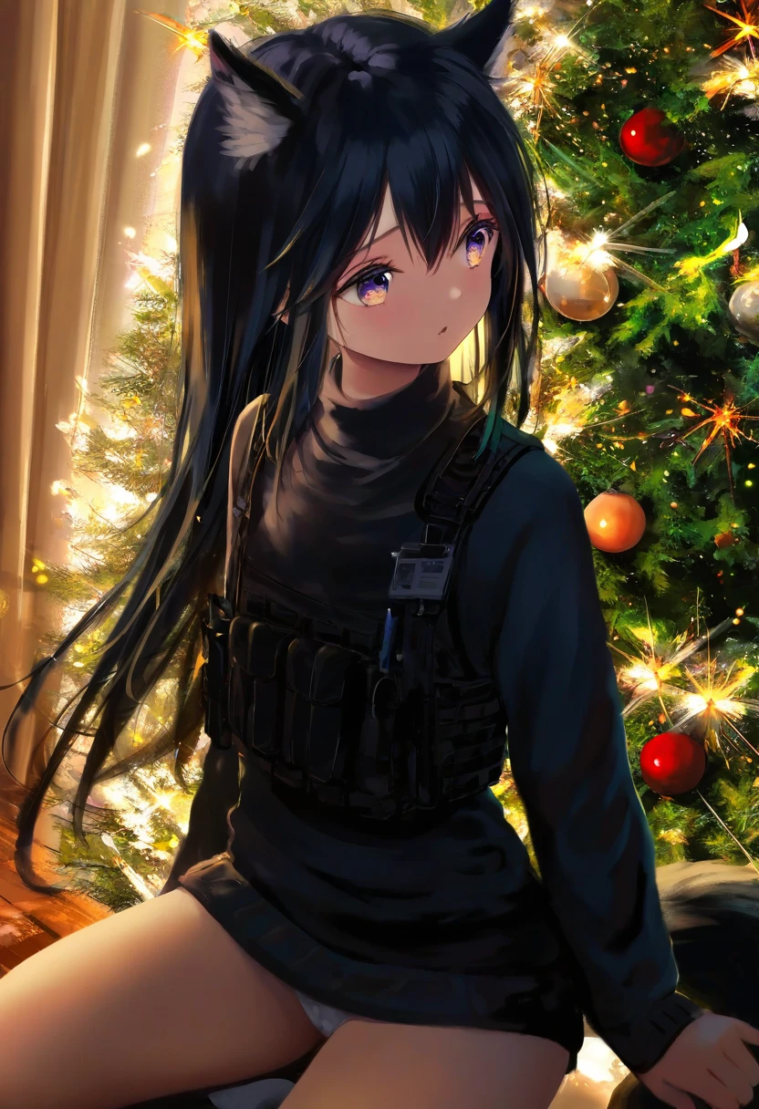shiratama \(shiratamaco\),[ningen mame],[[tianliang duohe fangdongye]],[shuz],[wlop],kase daiki, - 1girl,texas \(arknights\),arknights,underwear,tactical vest,christmas tree,christmas ornaments,