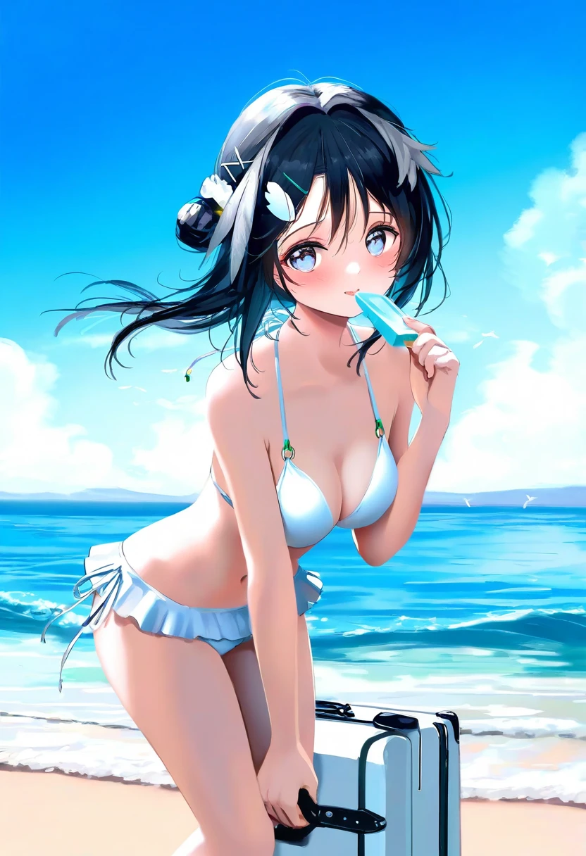 shiratama \(shiratamaco\),[ningen mame],[[tianliang duohe fangdongye]],[shuz],[wlop],kase daiki, - 1girl,la pluma \(summer flowers\) \(arknights\),arknights,white bikini,outdoors,navel,day,sky,blue sky,beach,suitcase,looking at viewer,ocean,low-tied long hair,leaning forward,standing,holding,frills,hand up,bare shoulders,floating hair,