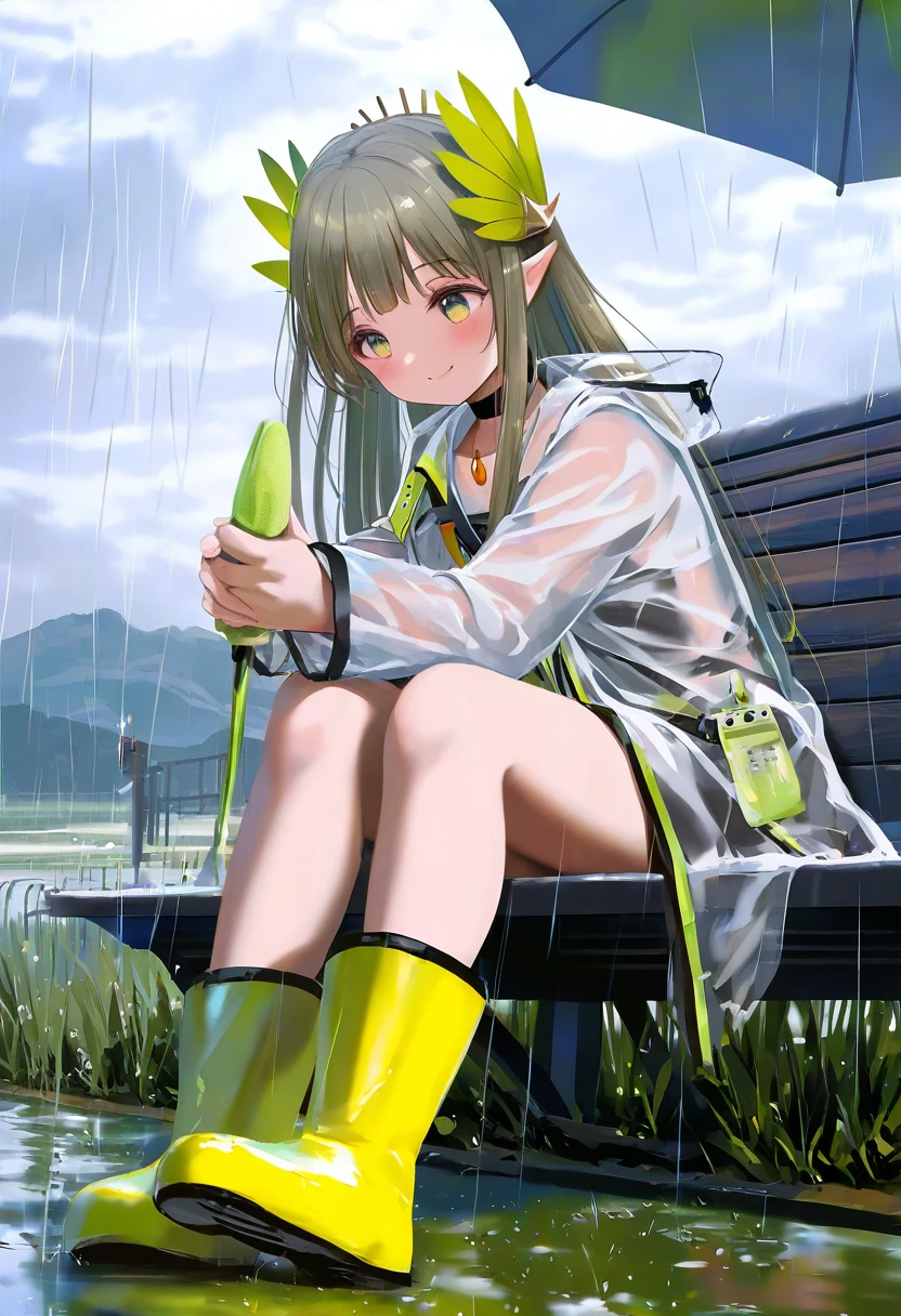 shiratama \(shiratamaco\),[ningen mame],[[tianliang duohe fangdongye]],[shuz],[wlop],kase daiki, - 1girl,muelsyse \(arknights\),arknights,cloudy sky,grass,on bench,outdoors,rain,road,yellow rubber boots,see-through coat,sitting,transparent raincoat,water drop,
