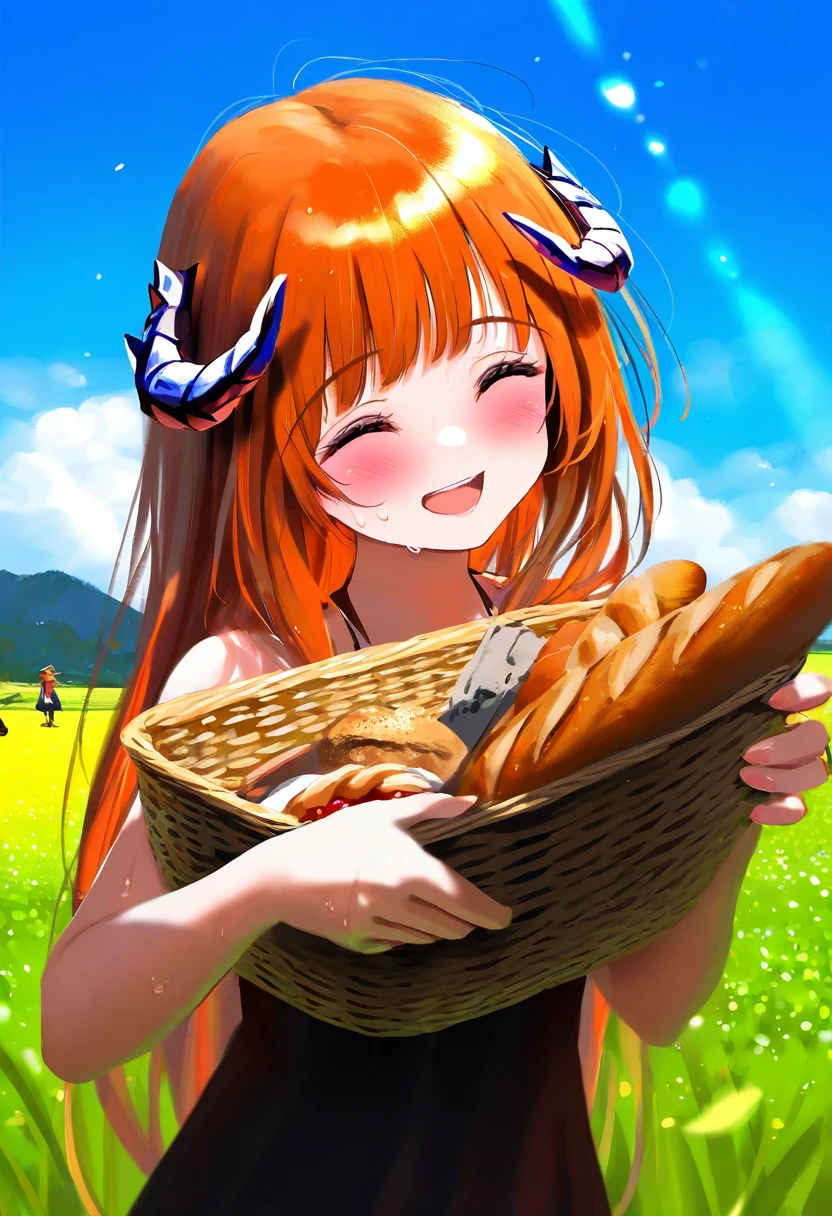 shiratama \(shiratamaco\),[ningen mame],[[tianliang duohe fangdongye]],[shuz],[wlop],kase daiki, - 1girl,bagpipe \(arknights\),arknights,baguette,blush,bread,croissant,holding basket,pretzel,upper body,straw hat,field,sky,laughing,sweat,sunlight,
