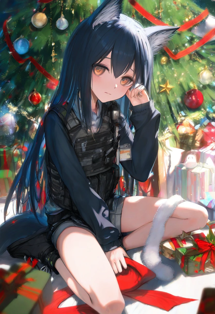 (((observerz))) ,wanke,mikaze oto,ciloranko,[sho \(sho lwlw\)],wlop, - 1girl,texas \(arknights\),arknights,underwear,tactical vest,christmas tree,christmas ornaments,