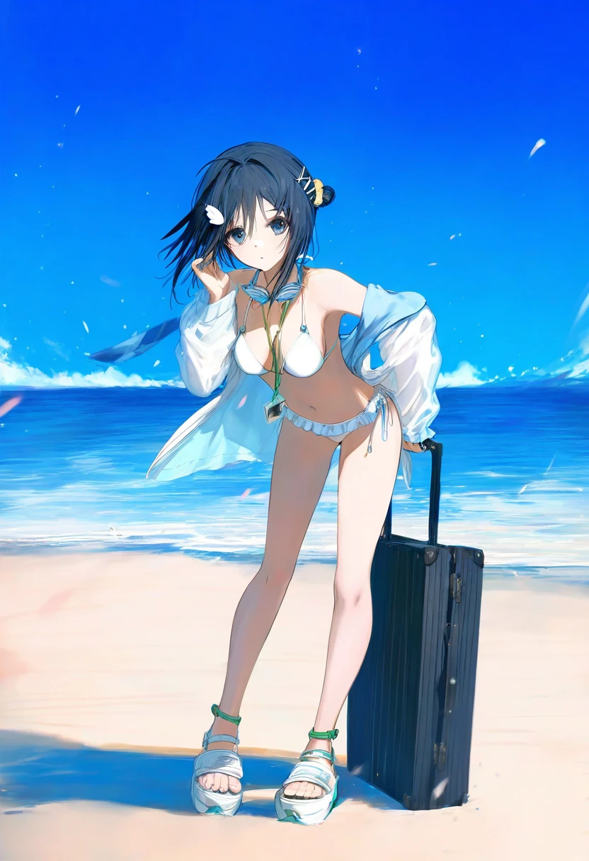(((observerz))) ,wanke,mikaze oto,ciloranko,[sho \(sho lwlw\)],wlop, - 1girl,la pluma \(summer flowers\) \(arknights\),arknights,white bikini,outdoors,navel,day,sky,blue sky,beach,suitcase,looking at viewer,ocean,low-tied long hair,leaning forward,standing,holding,frills,hand up,bare shoulders,floating hair,