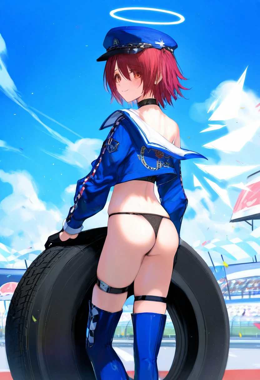 (((observerz))) ,wanke,mikaze oto,ciloranko,[sho \(sho lwlw\)],wlop, - 1girl,exusiai \(arknights\),arknights,black gloves,black panties,blue thigh boots,blue hat,blue jacket,long sleeves,race queen,thigh strap,thong,single bare shoulder,skindentation,tire,