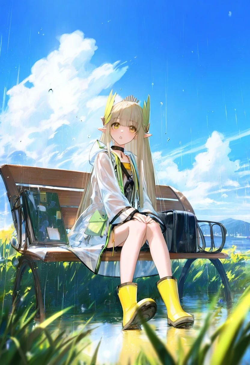 (((observerz))) ,wanke,mikaze oto,ciloranko,[sho \(sho lwlw\)],wlop, - 1girl,muelsyse \(arknights\),arknights,cloudy sky,grass,on bench,outdoors,rain,road,yellow rubber boots,see-through coat,sitting,transparent raincoat,water drop,